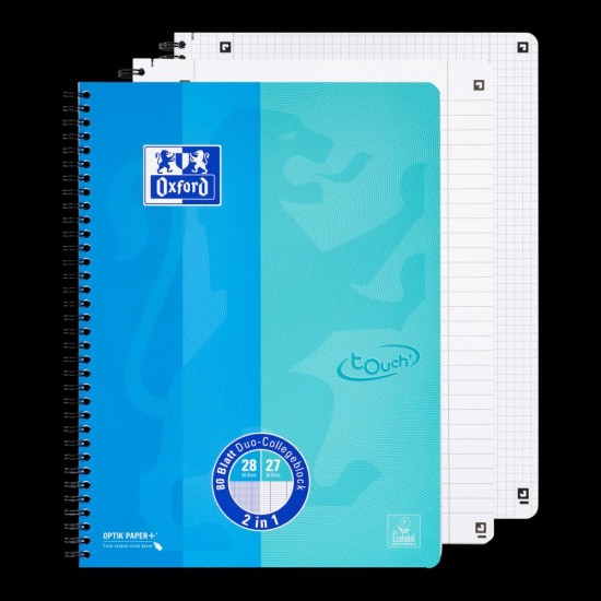 Caiet Oxford Touch Duo, A4+ 80f, Spira Dubla, Scribzee, Dictando+patratele, Culoare Albastru Aqua