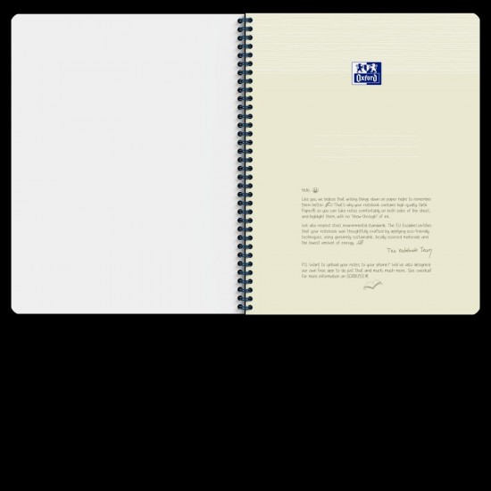 Caiet Oxford Origins, A4+ 70 File, Hartie Optik 90g/mp, Spira Dubla, Scribzee, Ecolabel, Coperta Plastifiata Flexibila, Microperforatii, Margini Liniate, Pagina Info Personale, Dictando, Culoare Albastru Inchis