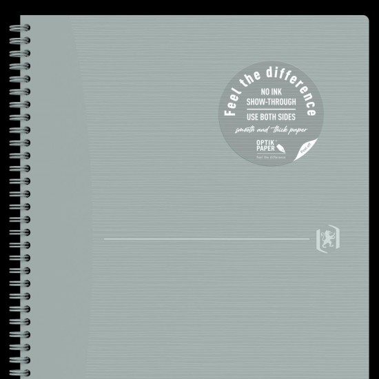 Caiet Oxford Origins, A4+ 70 File, Hartie Optik 90g/mp, Spira Dubla, Scribzee, Ecolabel, Coperta Plastifiata Flexibila, Microperforatii, Margini Liniate, Pagina Info Personale, Dictando, Culoare Gri