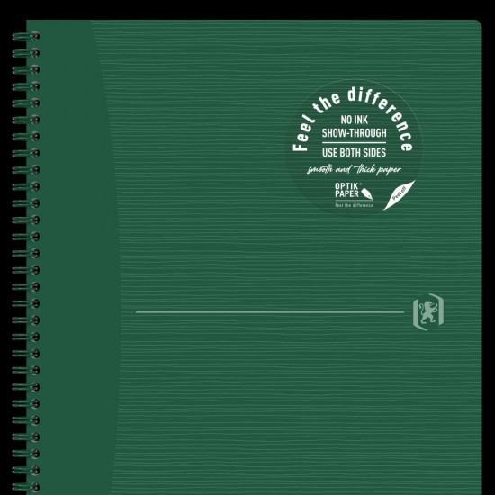 Caiet Oxford Origins, A4+ 70 File, Hartie Optik 90g/mp, Spira Dubla, Scribzee, Ecolabel, Coperta Plastifiata Flexibila, Microperforatii, Margini Liniate, Pagina Info Personale, Dictando, Culoare Verde