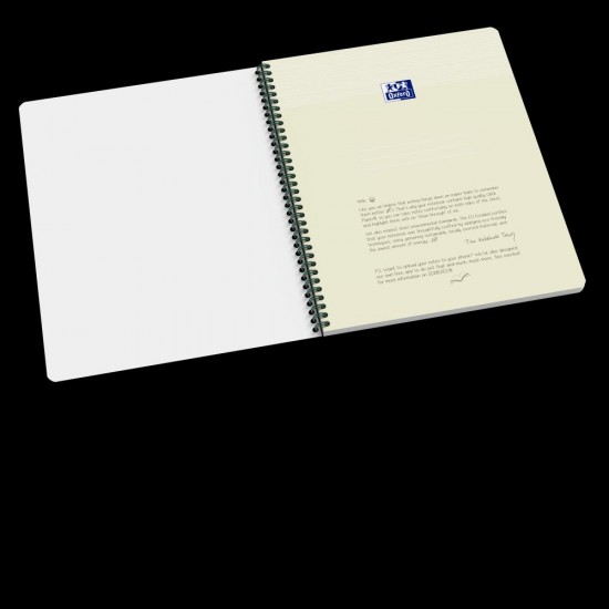 Caiet Oxford Origins, A4+ 70 File, Hartie Optik 90g/mp, Spira Dubla, Scribzee, Ecolabel, Coperta Plastifiata Flexibila, Microperforatii, Margini Liniate, Pagina Info Personale, Dictando, Culoare Verde