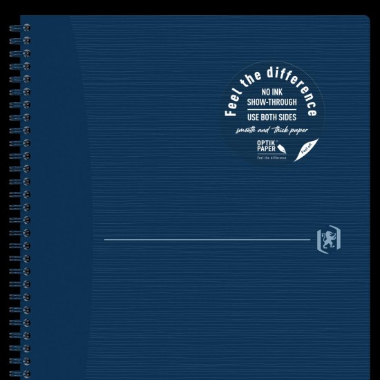 Caiet Oxford Origins, A4+ 70 File, Hartie Optik 90g/mp, Spira Dubla, Scribzee, Ecolabel, Coperta Plastifiata Flexibila, Microperforatii, Pagina Info Personale, Patratele, Culoare Albastru Inchis