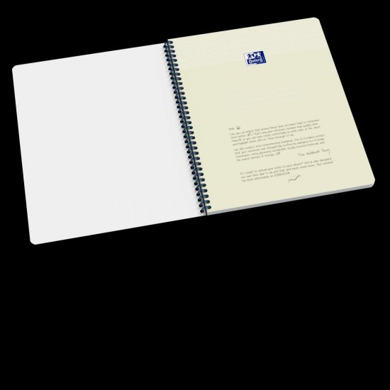 Caiet Oxford Origins, A4+ 70 File, Hartie Optik 90g/mp, Spira Dubla, Scribzee, Ecolabel, Coperta Plastifiata Flexibila, Microperforatii, Pagina Info Personale, Patratele, Culoare Albastru Inchis