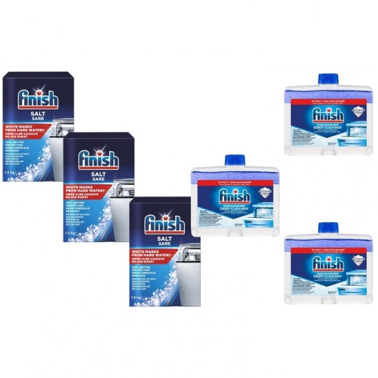 Pachet Promo: 3x Finish Solutie Curatare Masina Vase Regular 250ml + 3x Finish Sare Speciala Pentru Masina De Spalat Vase, 1.5 Kg, Solutie Pudra