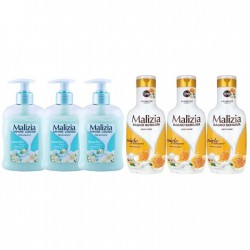 Pachet Promo: 3x Sapun Lichid Malizia  Muschio Bianco 300 Ml + 3x Spumant De Baie Malizia Cu Miere Si Ghimbir 1l