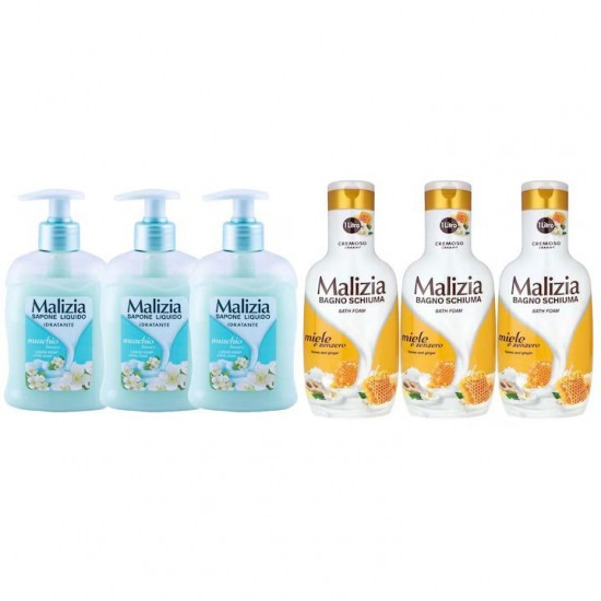 Pachet Promo: 3x Sapun Lichid Malizia  Muschio Bianco 300 Ml + 3x Spumant De Baie Malizia Cu Miere Si Ghimbir 1l
