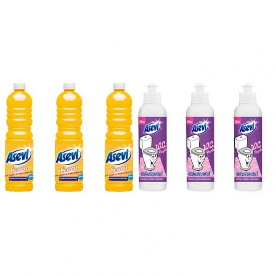 Pachet Promo: 3x Solutie Pardoseli Asevi 1l Ceara + 3x Asevi Odorizant Lichid 24h Wc Purple 200ml
