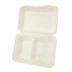 Set 50 Caserole Biodegradabile cu Capac pentru Hamburger din Fibra Lemnoasa, Dimensiune 230x159x80 mm, 2 Compartimente