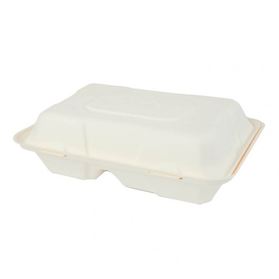 Set 50 Caserole Biodegradabile cu Capac pentru Hamburger din Fibra Lemnoasa, Dimensiune 230x159x80 mm, 2 Compartimente