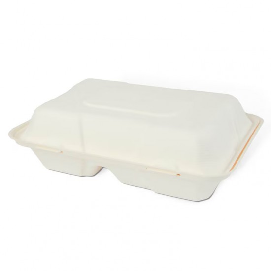 Set 50 Caserole Biodegradabile cu Capac pentru Hamburger din Fibra Lemnoasa, Dimensiune 230x159x80 mm, 2 Compartimente