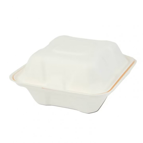 Set 50 Caserole Biodegradabile cu Capac pentru Hamburger din Fibra Lemnoasa, Dimensiune 125x125x74 mm
