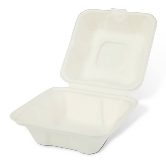Set 50 Caserole Biodegradabile cu Capac pentru Hamburger din Fibra Lemnoasa, Dimensiune 125x125x74 mm