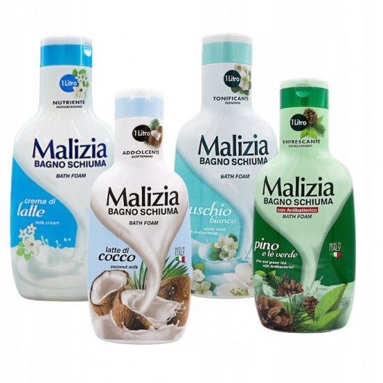 Pachet Promo: Spumant De Baie Malizia Cu Milk Cream 1l + Spumant De Baie Malizia Cu Latte Di Cocco 1l + Spumant De Baie Malizia Cu Mosc Alb 1l + Spumant De Baie Malizia Pino 1l