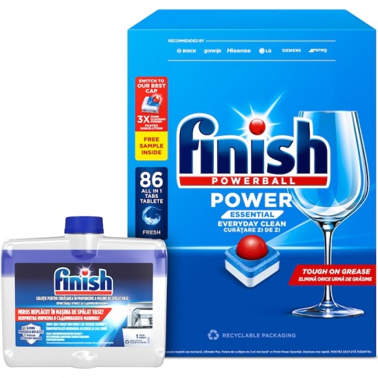Pachet Promo: Finish Solutie Curatare Masina Vase Regular 250ml + Finish Essential, 86 Tablete, Capsule Pentru Masina De Spalat Vase