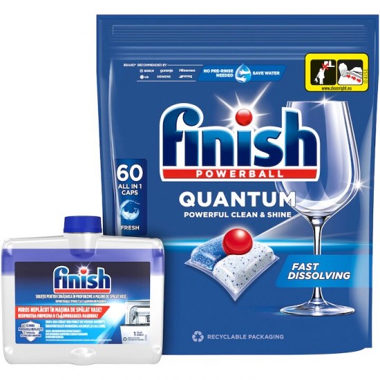 Pachet Promo: Finish Solutie Curatare Masina Vase Regular 250ml + Finish Quantum Poweball, 60 Tablete, Capsule Pentru Masina De Spalat