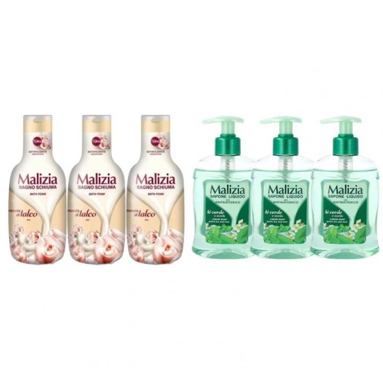 Pachet Promo: 3x Sapun Lichid Malizia Ceai Verde Si Menta 300 Ml + 3x Spumant De Baie Malizia Talco 1l