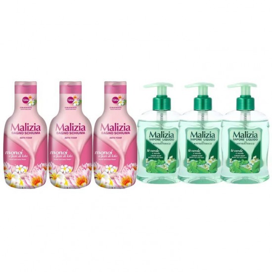 Pachet Promo: 3x Sapun Lichid Malizia Ceai Verde Si Menta 300 Ml + 3x Spumant De Baie Malizia Cu Fiori Di Lotto 1l