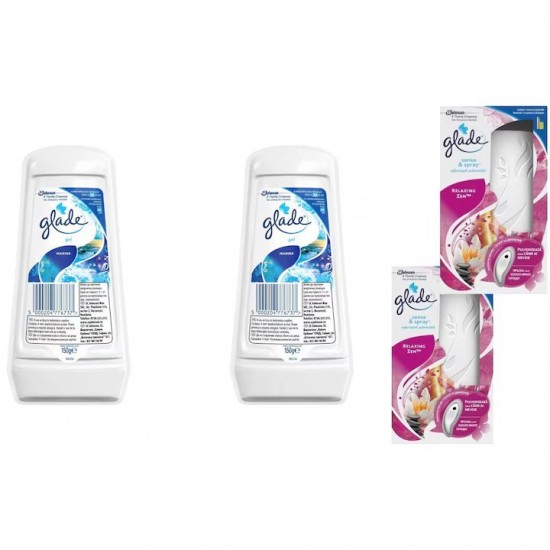 Pachet Promo: 2x Gel Odorizant Glade Marin 150 G + 2x Set Odorizant Electric Sense&spray Plus Rezerva Glade Relaxing Zen 18 Ml