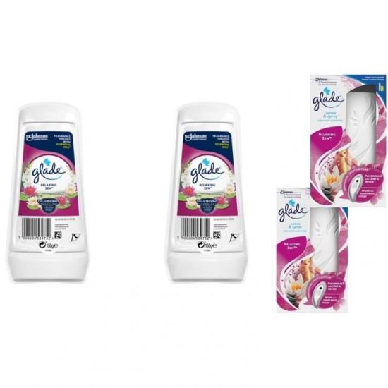 Pachet Promo: 2x Gel Odorizant Glade Relaxing Zen 150 G + 2x  Set Odorizant Electric Sense&spray Plus Rezerva Glade Relaxing Zen 18 Ml
