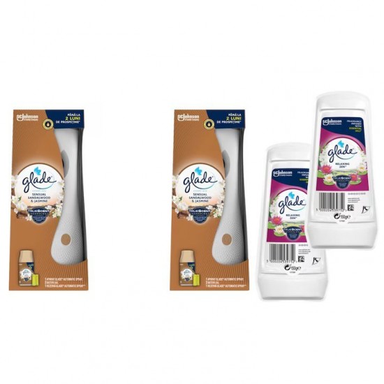 Pachet Promo: 2x Gel Odorizant Glade Relaxing Zen 150 G + 2x Odorizant De Camera Glade Aparat & Rezerva Sandalwood & Jasmine 269ml