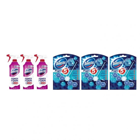 Pachet Promo: 3x Domestos Spray Spuma Baie Lamaie 435 Ml + 3x Domestos Power 5 Ocean 55 G