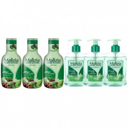 Pachet Promo: 3x Sapun Lichid Malizia Ceai Verde Si Menta 300 Ml + 3x Spumant De Baie Malizia  Pino 1l