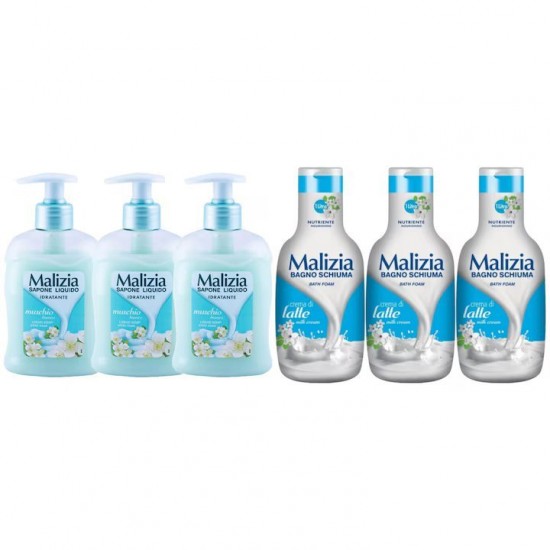Pachet Promo: 3x Sapun Lichid Malizia  Muschio Bianco 300 Ml + 3x Spumant De Baie Malizia Milk Cream 1l