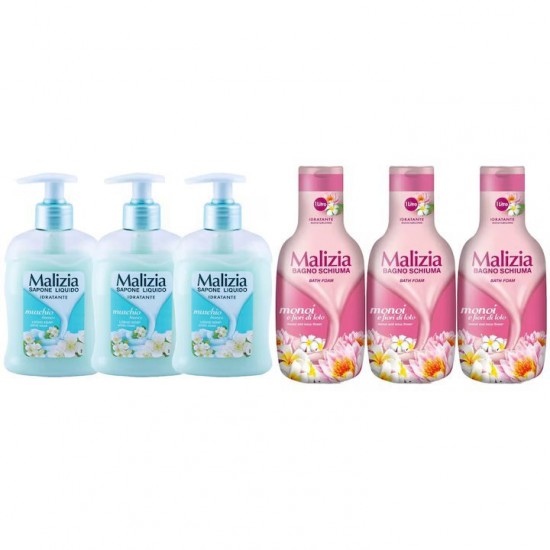 Pachet Promo: 3x Sapun Lichid Malizia  Muschio Bianco 300 Ml + 3x Spumant De Baie Malizia Fiori Di Lotto, Monoi 1l