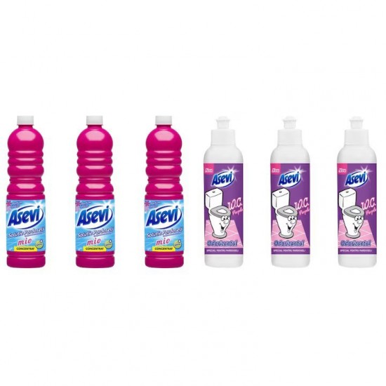 Pachet Promo: 3x Solutie Pardoseli Asevi 1l Mio + 3x Asevi Odorizant Lichid 24h Wc Purple, 200ml