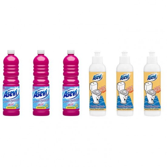Pachet Promo: 3x Solutie Pardoseli Asevi 1l Mio + 3x Asevi Odorizant Lichid 24h Wc Elegant, 200ml