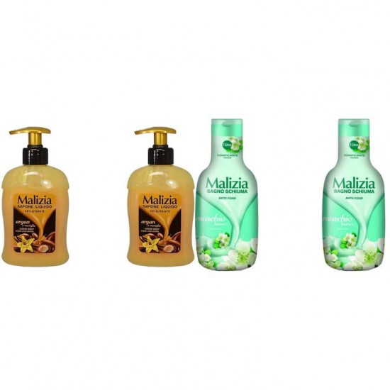Pachet Promo: 2x Sapun Lichid Malizia Vanilie Si Argan 300 Ml + 2x Spumant De Baie Malizia Cu Mosc Alb 1l