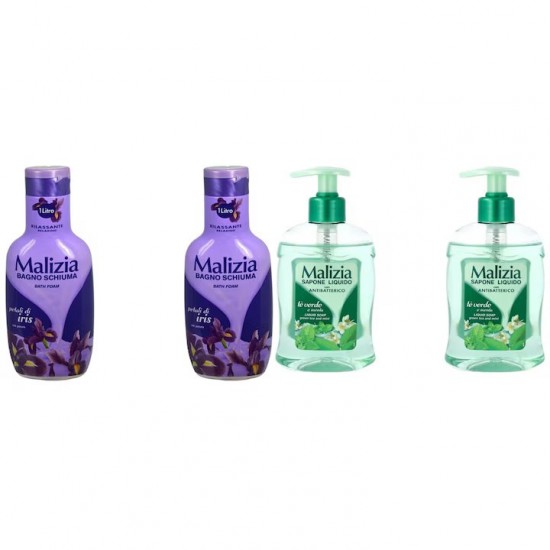 Pachet Promo: 2x Sapun Lichid Malizia Ceai Verde Si Menta 300 Ml + 2x Spumant De Baie Malizia  Cu Petale De Iris 1l
