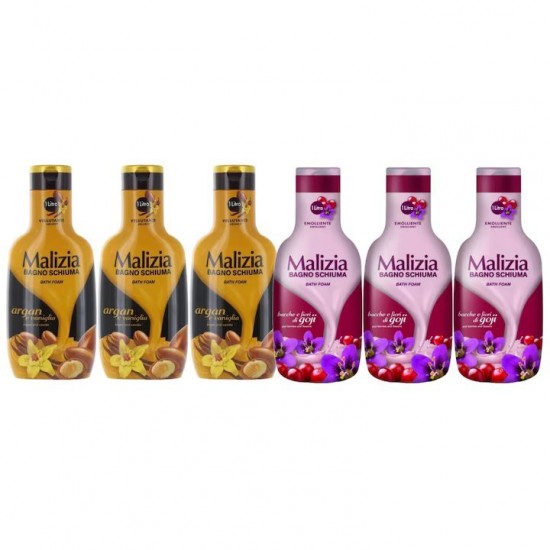 Pachet Promo: 3x Spumant De Baie Malizia Cu Ulei De Argan Si Vanilie + 3x Spumant De Baie Malizia Cu Goji Si Flori De Goji 1l