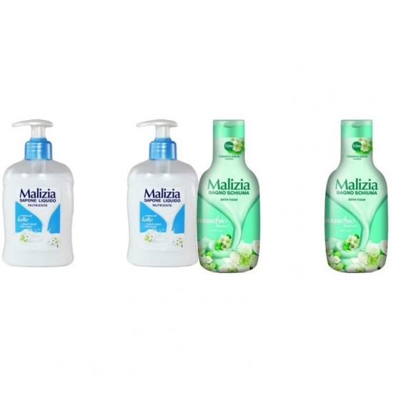 Pachet Promo: 2x Sapun Lichid Malizia Crema De Lapte 300 Ml + 2x Spumant De Baie Malizia Cu Mosc Alb 1l