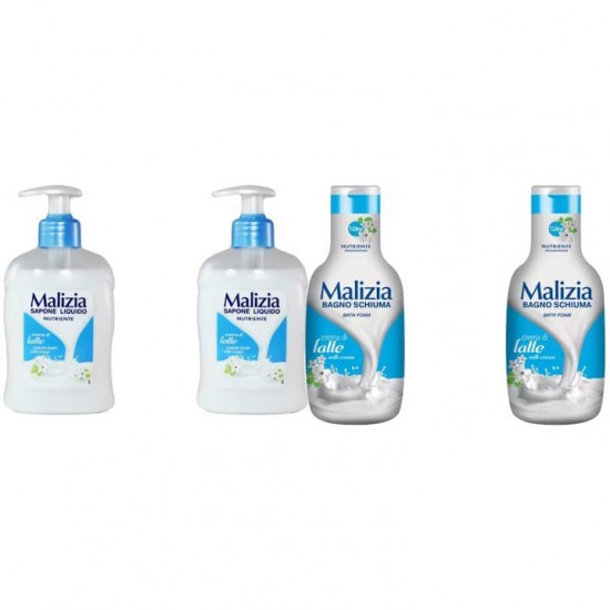 Pachet Promo: 2x Sapun Lichid Malizia Crema De Lapte 300 Ml + 2x Spumant De Baie Malizia Milk Cream 1l