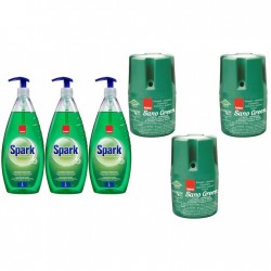 Pachet Promo: 3x Sano Green 150g + 3x Sano Spark Detergent Lichid Pentru Vase Parfum De Castravete Si Lamaie 1 L