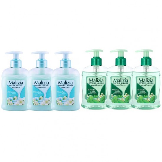 Pachet Promo: 3x Sapun Lichid Malizia  Muschio Bianco 300 Ml + 3x Sapun Lichid Malizia  Ceai Verde Si Menta 300 Ml