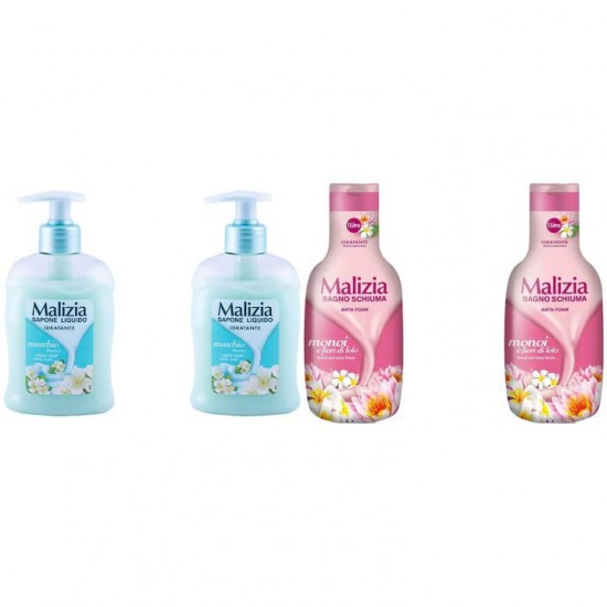 Pachet Promo: 2x Sapun Lichid Malizia  Muschio Bianco 300 Ml + 2x Spumant De Baie Malizia Cu Fiori Di Lotto Monoi 1l