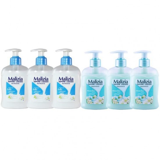 Pachet Promo: 3x Sapun Lichid Malizia  Crema De Lapte 300 Ml + 3x Sapun Lichid Malizia  Muschio Bianco 300 Ml