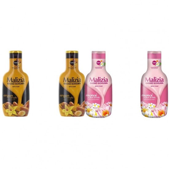 Pachet Promo: 2x Spumant De Baie Malizia Cu Ulei De Argan Si Vanilie + 2x Spumant De Baie Malizia Cu Fiori Di Lotto 1l