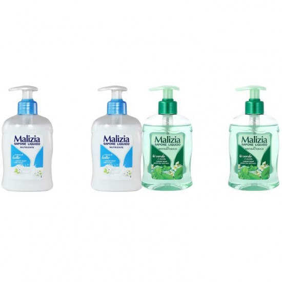Pachet Promo: 2x Sapun Lichid Malizia  Crema De Lapte 300 Ml + 2x Sapun Lichid Malizia Ceai Verde Si Menta 300 Ml