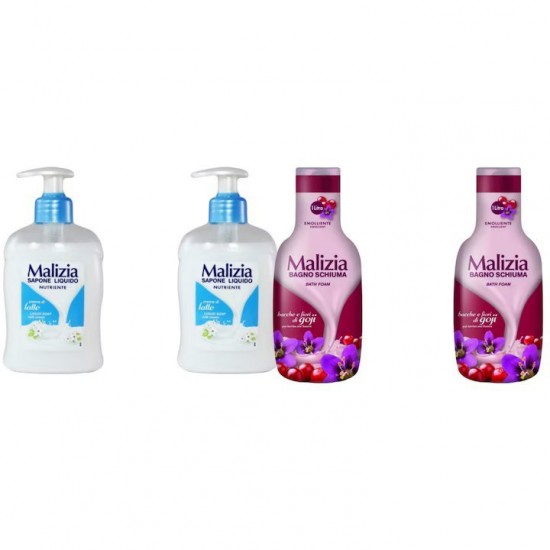 Pachet Promo: 2x Sapun Lichid Malizia Crema De Lapte 300 Ml + 2x Spumant De Baie Malizia Cu Goji Si Flori De Goji 1l