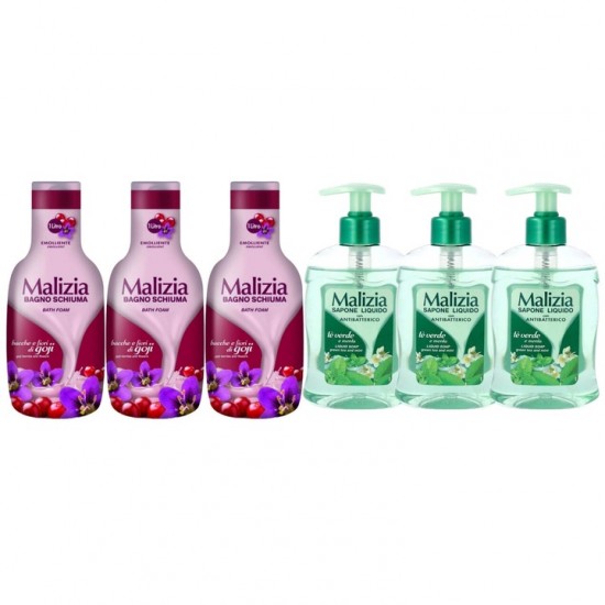 Pachet Promo: 3x Sapun Lichid Malizia Ceai Verde Si Menta 300 Ml + 3x Spumant De Baie Malizia  Cu Goji Si Flori De Goji 1l