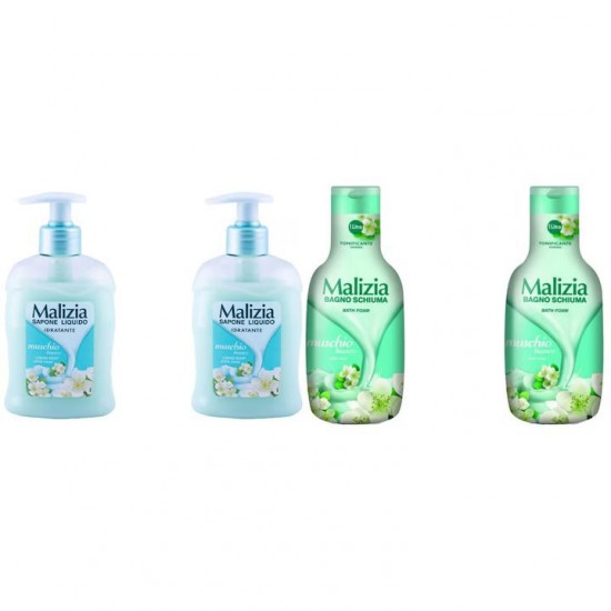 Pachet Promo: 2x Sapun Lichid Malizia  Muschio Bianco 300 Ml + 2x Spumant De Baie Malizia  Cu Mosc Alb 1l