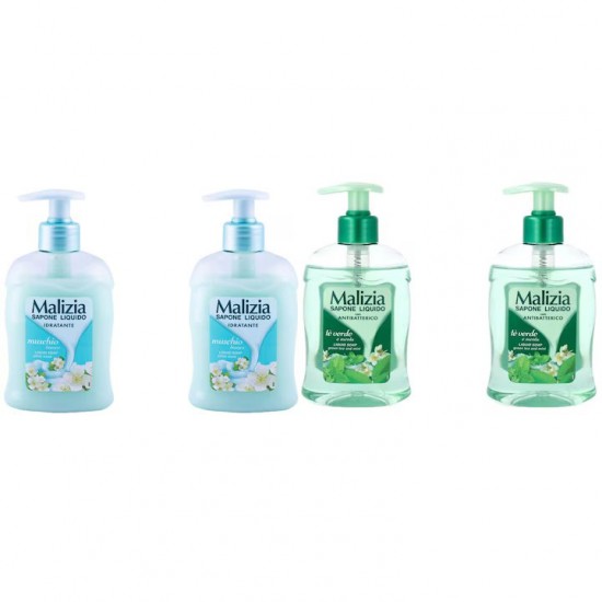 Pachet Promo: 2x Sapun Lichid Malizia  Muschio Bianco 300 Ml + 2x Sapun Lichid Malizia  Ceai Verde Si Menta 300 Ml