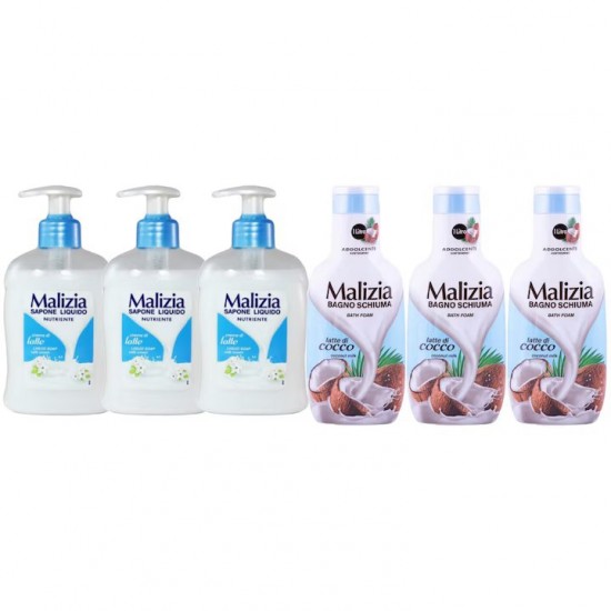 Pachet Promo: 3x Sapun Lichid Malizia Crema De Lapte 300 Ml + 3x Spumant De Baie Malizia  Latte Di Cocco 1l