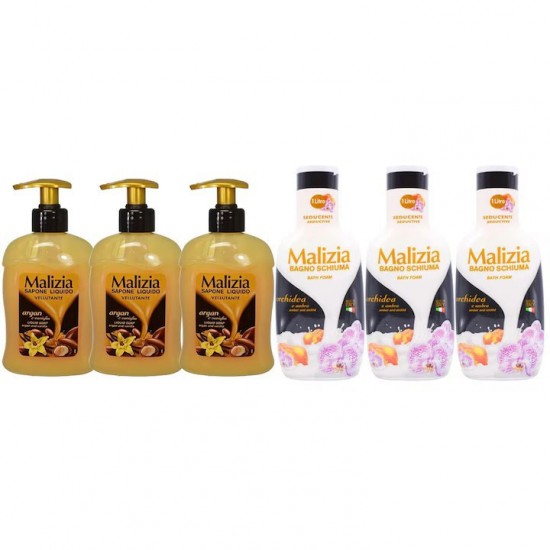 Pachet Promo: 3x Sapun Lichid Malizia Vanilie Si Argan 300 Ml + 3x Spumant De Baie Malizia Orhidea & Ambra 1l