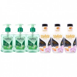 Pachet Promo: 3x Sapun Lichid Malizia Ceai Verde Si Menta 300 Ml + 3x Spumant De Baie Malizia  Orhidea & Ambra 1l