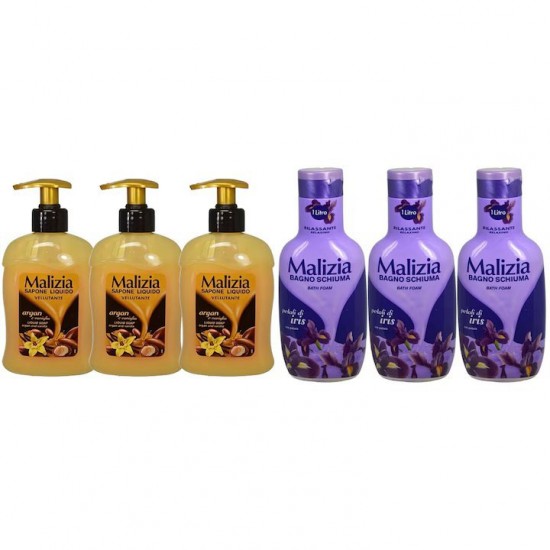 Pachet Promo: 3x Sapun Lichid Malizia Vanilie Si Argan 300 Ml + 3x Spumant De Baie Malizia Cu Petale De Iris 1l