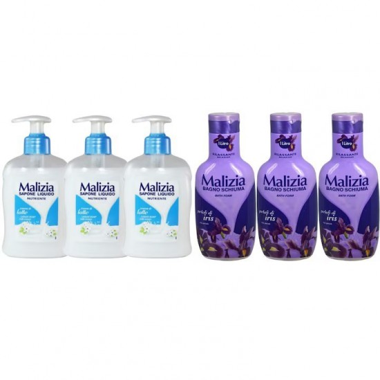 Pachet Promo: 3x Sapun Lichid Malizia Crema De Lapte 300 Ml + 3x Spumant De Baie Malizia Cu Petale De Iris 1l